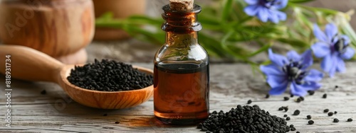 Black cumin essential oil in a small bottle. selective focus. Generative AI,