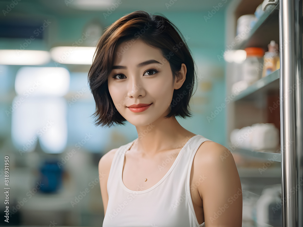 asian woman in a white tank top standing in a kitchen asian woman in a white tank top standing in a kitchen