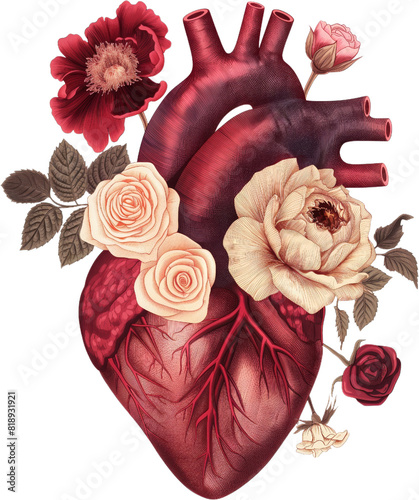 gothic heart with anatomical floral elements, isolated on white background.