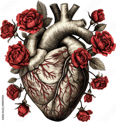 gothic heart with anatomical floral elements, isolated on white background.