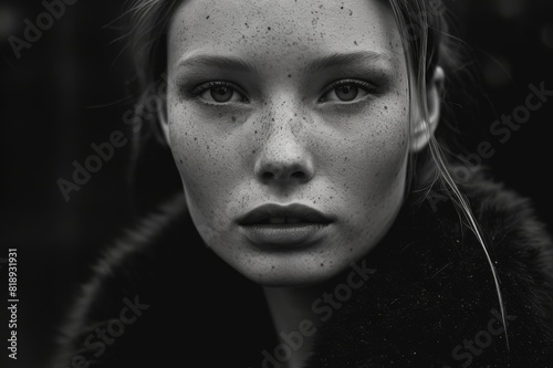 black and white portrait of young girl with freckles and cheekbones wearing dark make up photo