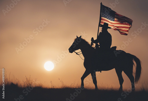 silhouette of a cowboy with an American flag on his horse, sunset
