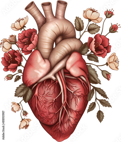 gothic heart with anatomical floral elements, isolated on white background.