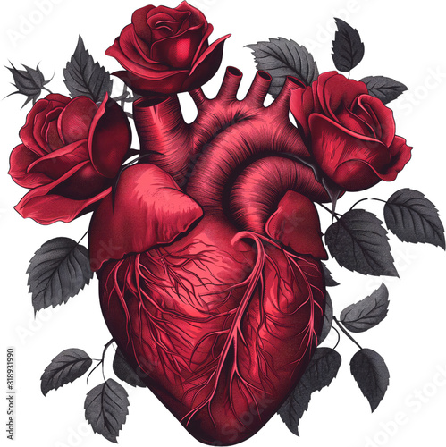 gothic heart with anatomical floral elements, isolated on white background.