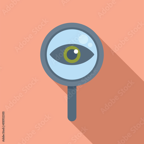 Flat design of a magnifying glass inspecting a stylized eye, on a warm pink background