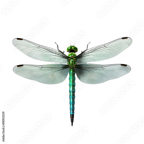 A close-up of a dragonfly with green wings isolated on a white background