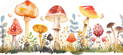Watercolor border featuring an assortment of woodland mushrooms, isolated on white background