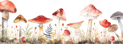 Watercolor mushroom border with various colorful fungi, seamless, isolated on white background