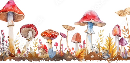 Watercolor mushroom border with various colorful fungi, seamless, isolated on white background