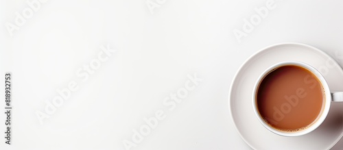A cup of tea is seen from above on a white table providing copy space for an image