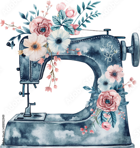 Vintage floral shabby watercolor sewing machines, isolated on white background