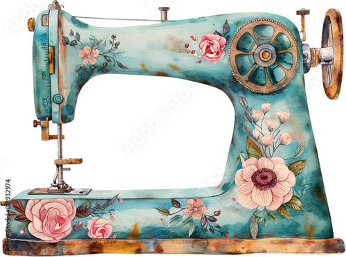 Vintage floral shabby watercolor sewing machines, isolated on white background