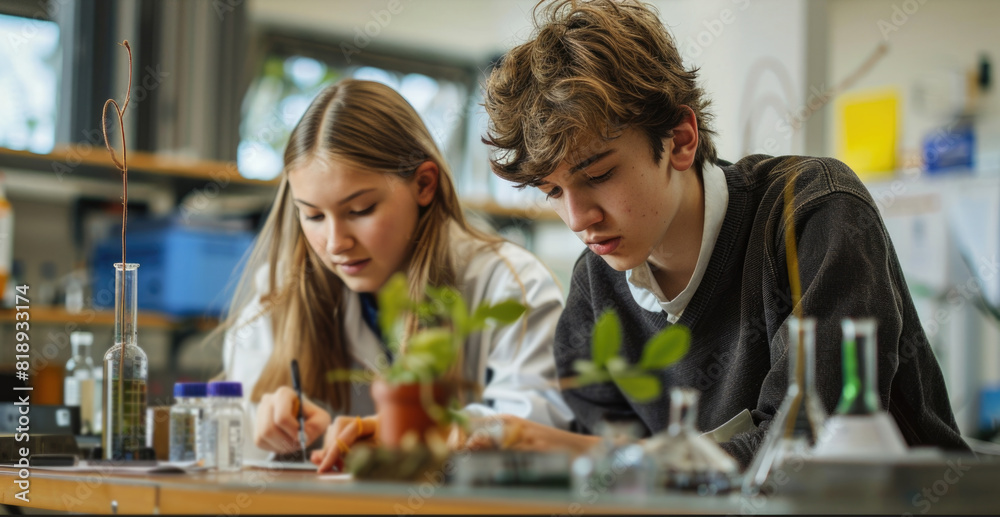 teenage boy and girl working on biology class. ai generated teenage boy and girl working on biology class. ai generated