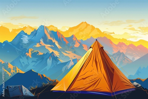 Tourist tent in the mountains under evening sky  Colorfull sunset in mountains  Vector illustration.