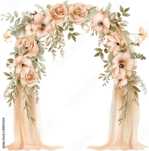 Beautiful watercolor wedding arch with delicate flowers, isolated on white background.