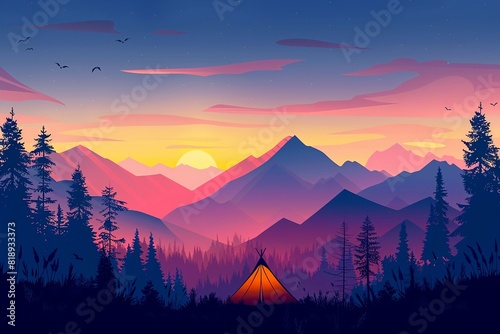 Tourist tent in the mountains under evening sky  Colorfull sunset in mountains  Vector illustration.