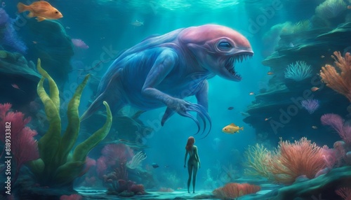 A diver comes face-to-face with a colossal  blue sea creature in an underwater world full of vibrant marine life.. AI Generation