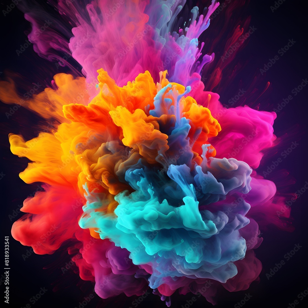 Fototapeta premium Colorful vibrant liquid explosion. Colorful smoke cloud on dark background. Generative AI.