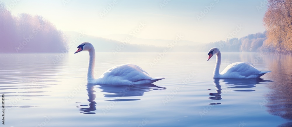 Fototapeta premium A serene image of white swans gracefully gliding on a picturesque lake with ample copy space
