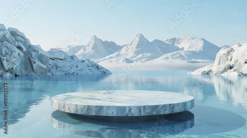 icy water podium display in arctic landscape refreshing product showcase 3d illustration