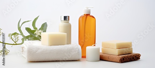 Copy space image with personal hygiene products including soap and a washcloth placed on a clean white background photo