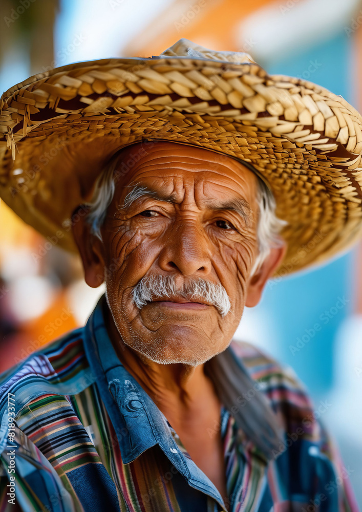 An old man wearing a straw hat. An old man wearing a straw hat.