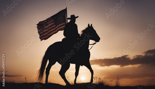 silhouette of a cowboy with an American flag on his horse, sunset  © abu
