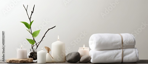 A serene spa scene with a selection of elegantly arranged elements like a cotton branch stones towels cosmetics tubes and candles The light background provides a perfect setting for this copy space i