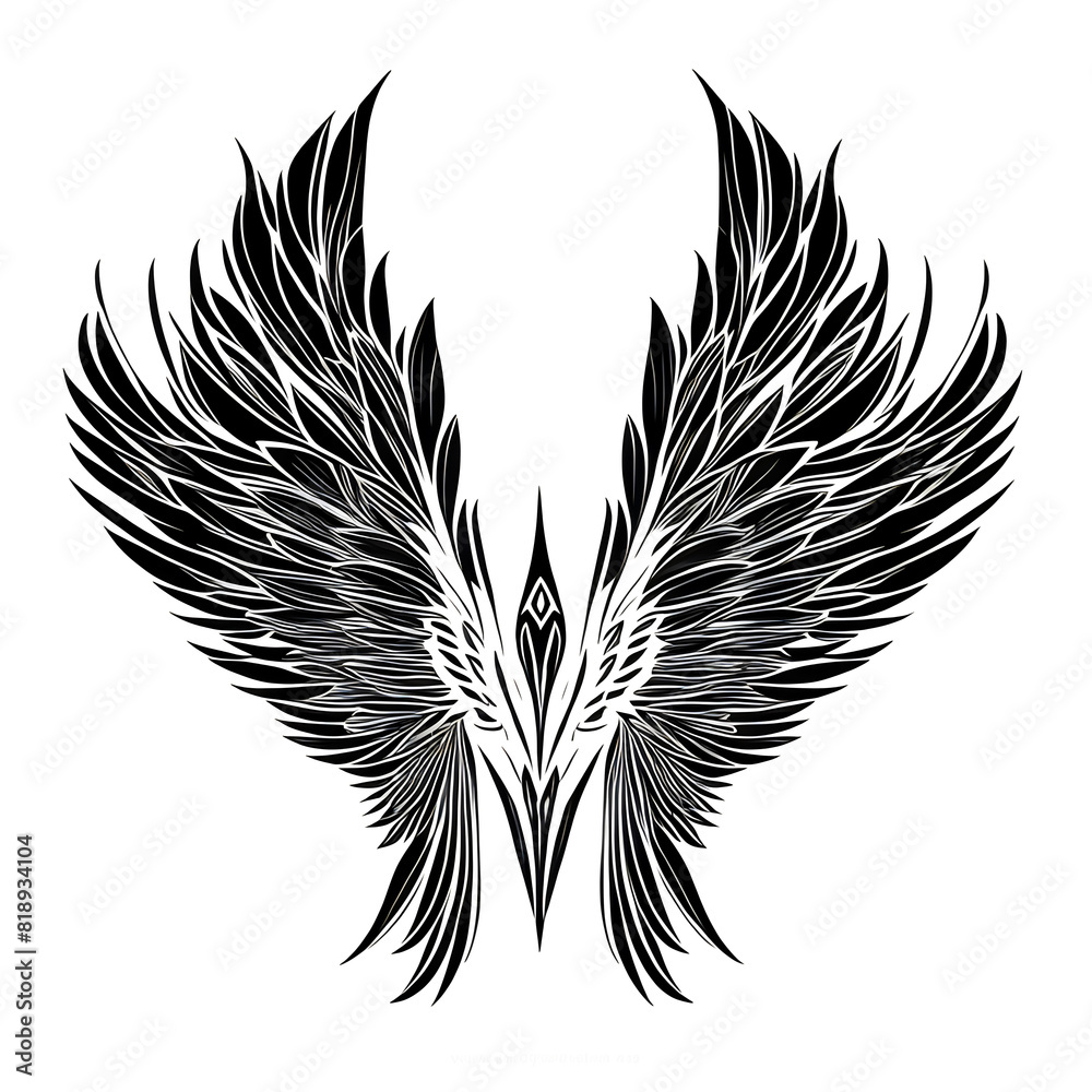 Obraz premium black and white image featuring a stylized design of wings, possibly for use as a tattoo, emblem, or logo. The wings are symmetrically spread with intricate feather patterns. 