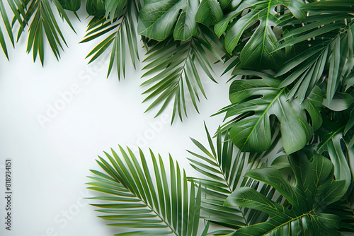 Palm green leaves on white background with copy space. Generative AI