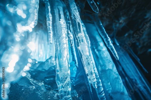 Cueva de hielo con estalactitas de millones de años en un glaciar, ruta de espeleología en el antártico 