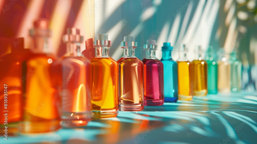 a row of colorful bottles sitting on top of a table next to a window a row of colorful bottles sitting on top of a table next to a window