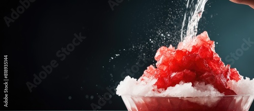 A copy space image of red syrup being poured over a Hawaiian style shave ice or snow cone photo