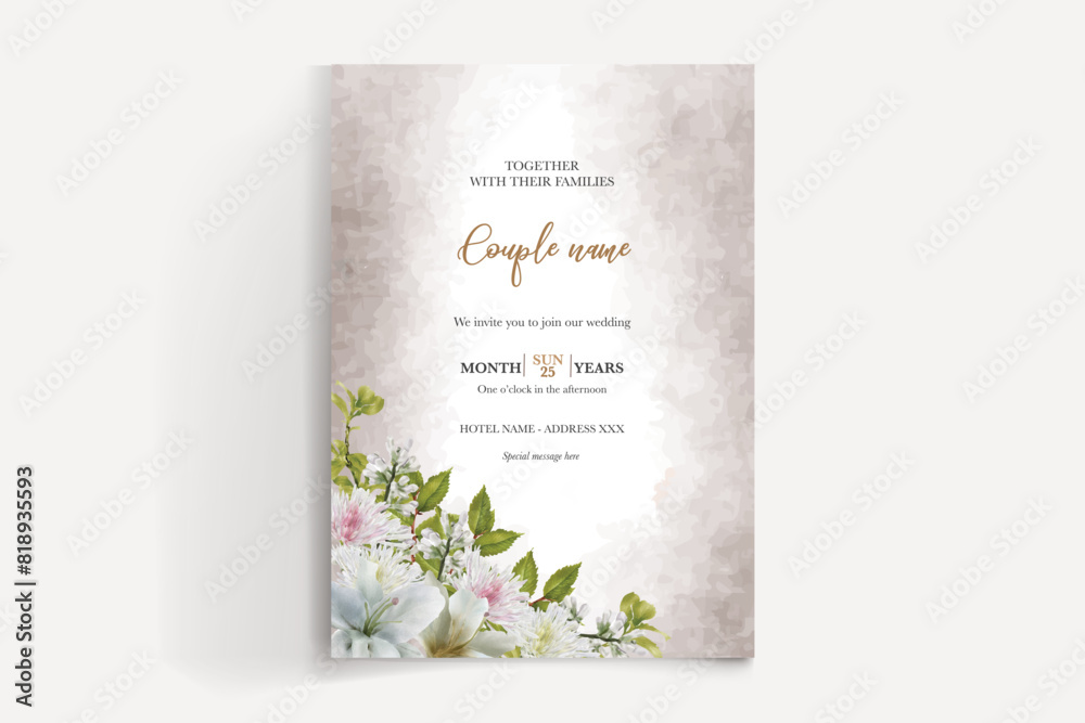 WEDDING INVITATION FRAME WITH FLOWER DECORATIONS AND FRESH LEAVES WEDDING INVITATION FRAME WITH FLOWER DECORATIONS AND FRESH LEAVES