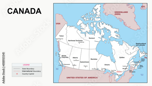 Canada Map. State and district map of Canada. Administrative map of Canada with district and capital in white color.