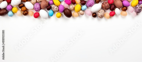 A top down view of a white background with a flat lay of a festive Easter frame created using vibrant eggs and a large chocolate egg There is empty space provided for text. Copyspace image