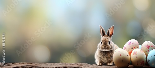 Happy Easter background with a charming wooden Easter bunny and eggs decoration providing a beautiful copy space image