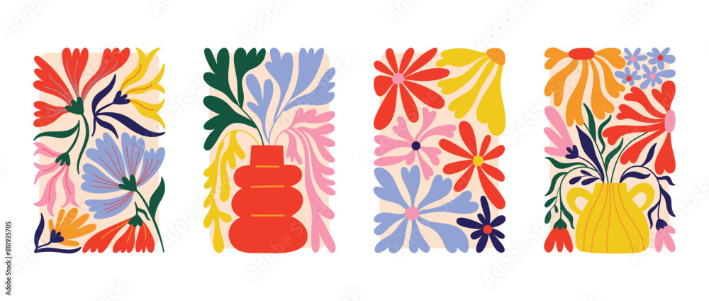 Modern wall art print set. Abstract summer blooming flowers. Hand drawn template, greeting card or poster design