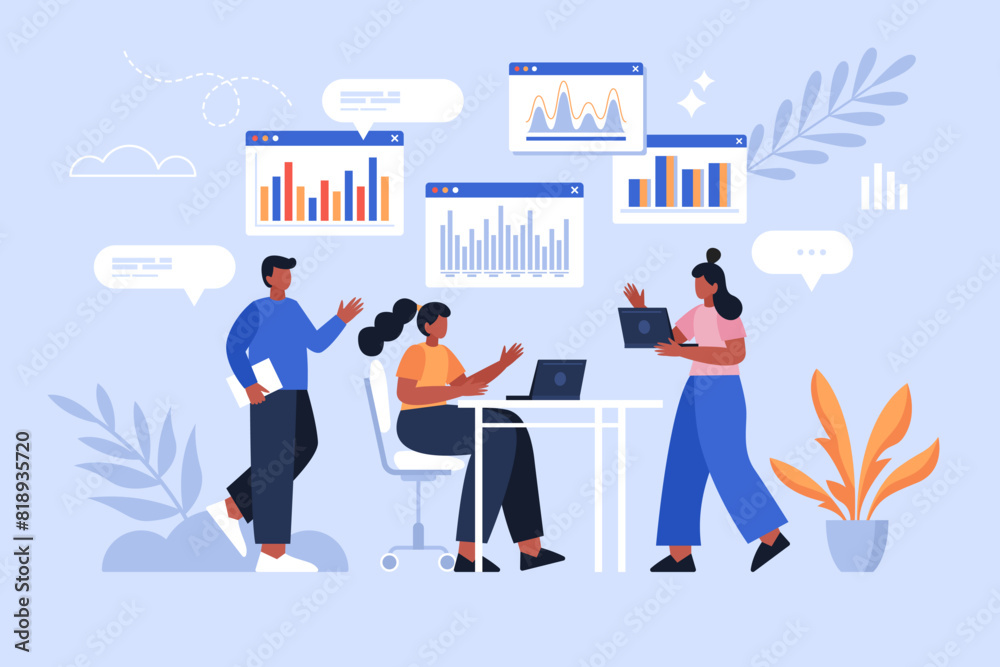 Obraz premium Teamwork and data analysis business concept. Modern vector illustration of people working on business project and marketing strategy