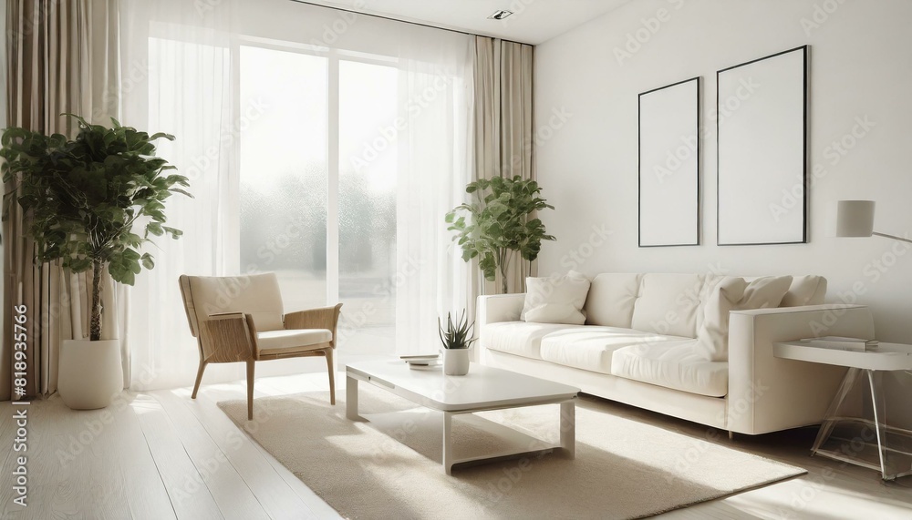 Fototapeta premium Modern Minimalist Living Room: Clean and Contemporary Design with Beige-White Sofa in Daylight