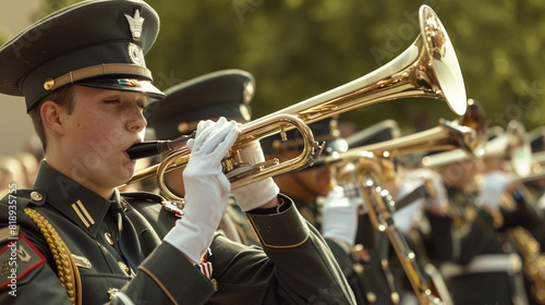 Military bands play, soldiers salute, tribute paid on Memorial Day.