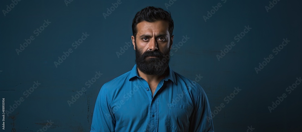 Copy space image of a bearded Persian man in a blue shirt photographed in a studio setting with a vibrant background