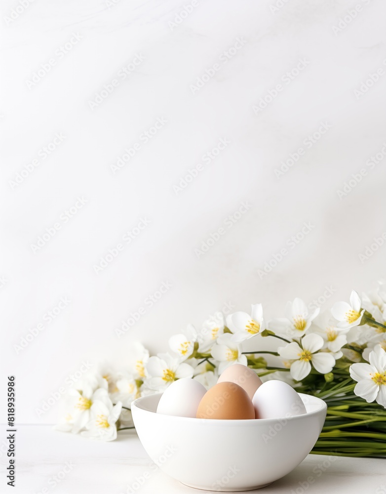 easter eggs and flowers on a white background, easter concept easter eggs and flowers on a white background, easter concept