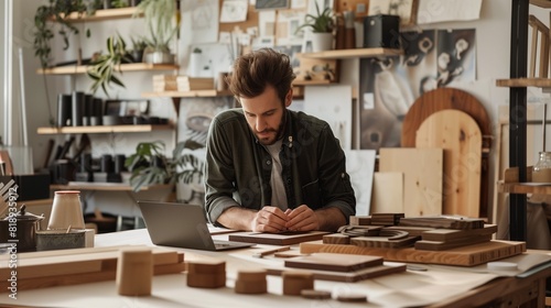 Craftsmanship concept. A focused man works with wooden materials on a well-organized workbench in a studio, surrounded by design sketches and models, illustrating a professional woodcraft environment photo