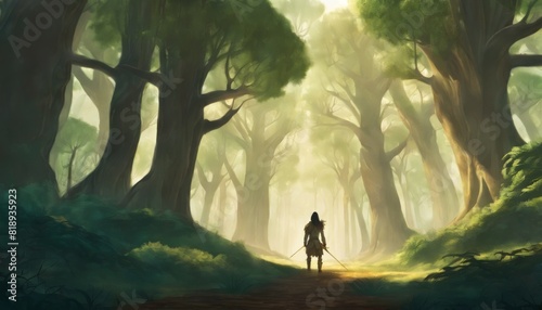A lone adventurer treads a sunlit path through an enchanting green forest, shrouded in mystery and the allure of the unknown.. AI Generation photo