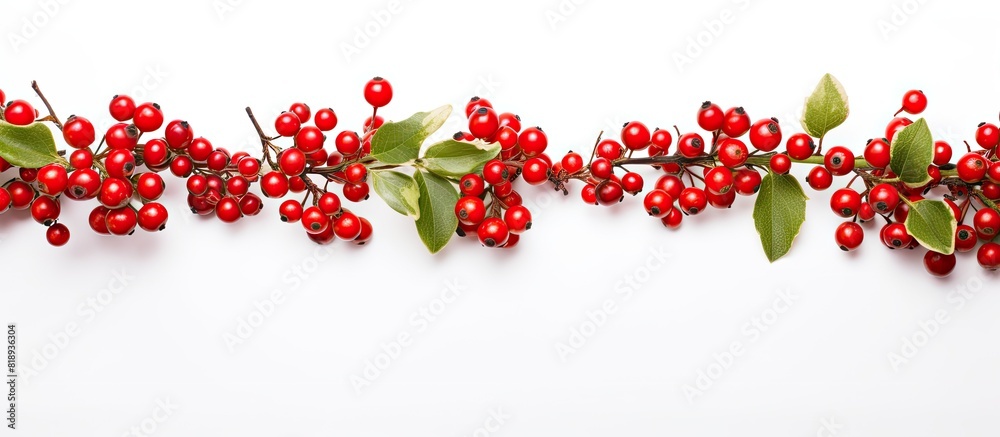 An isolated white background showcases a Christmas garland border adorned with vibrant red berries creating a picturesque copy space image An isolated white background showcases a Christmas garland border adorned with vibrant red berries creating a picturesque copy space image