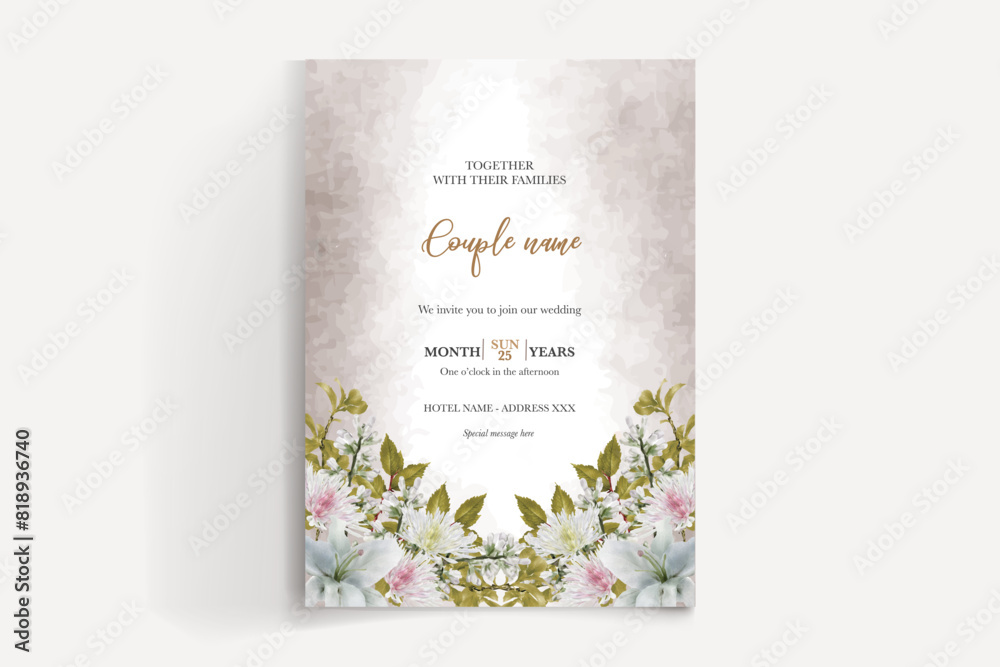 WEDDING INVITATION FRAME WITH FLOWER DECORATIONS AND FRESH LEAVES WEDDING INVITATION FRAME WITH FLOWER DECORATIONS AND FRESH LEAVES