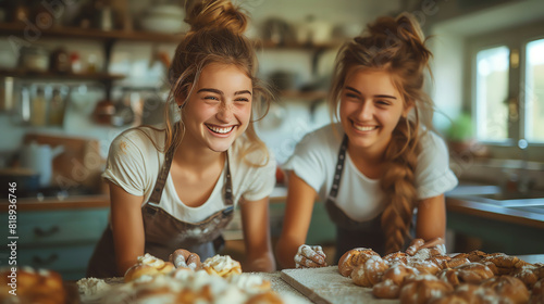 Two women sharing a fun baking session in a cozy kitchen opening to the living room, flour dusted on their faces, laughter filling the air, a scene of joyful domestic life