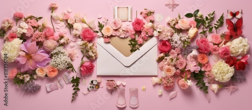 Top view of a flat lay image featuring decorative letter envelopes with messages on eco friendly pink paper The background showcases a vibrant arrangement of wedding invitation cards adorned with col photo