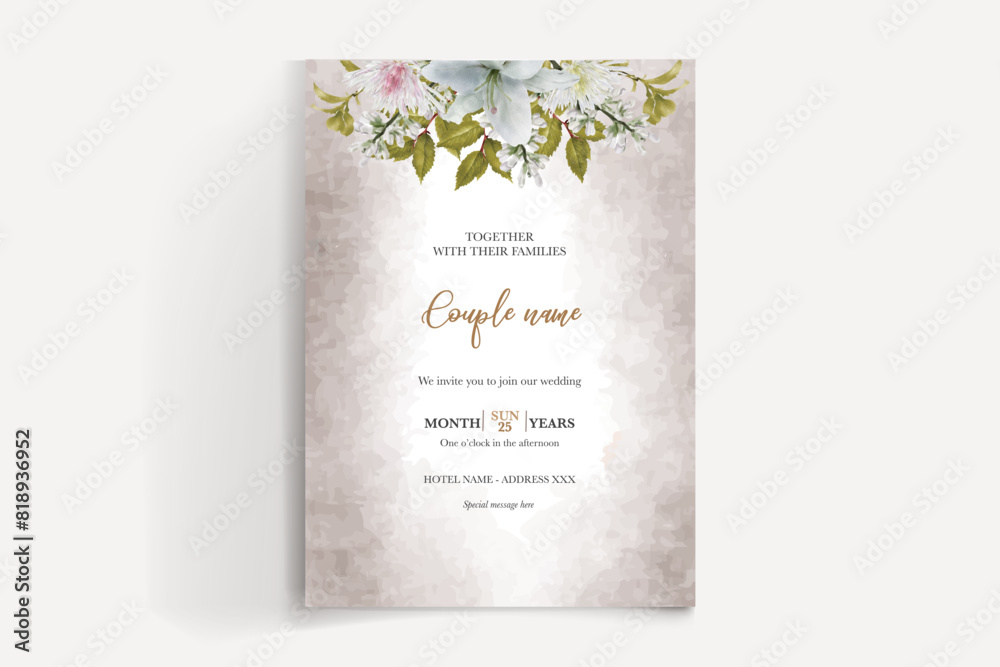 WEDDING INVITATION FRAME WITH FLOWER DECORATIONS AND FRESH LEAVES WEDDING INVITATION FRAME WITH FLOWER DECORATIONS AND FRESH LEAVES